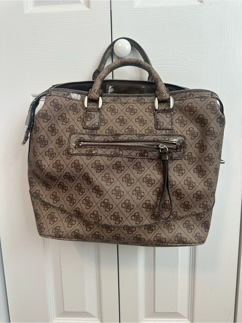 GUESS Brown Monogram Satchel Purse with Logo Plaque